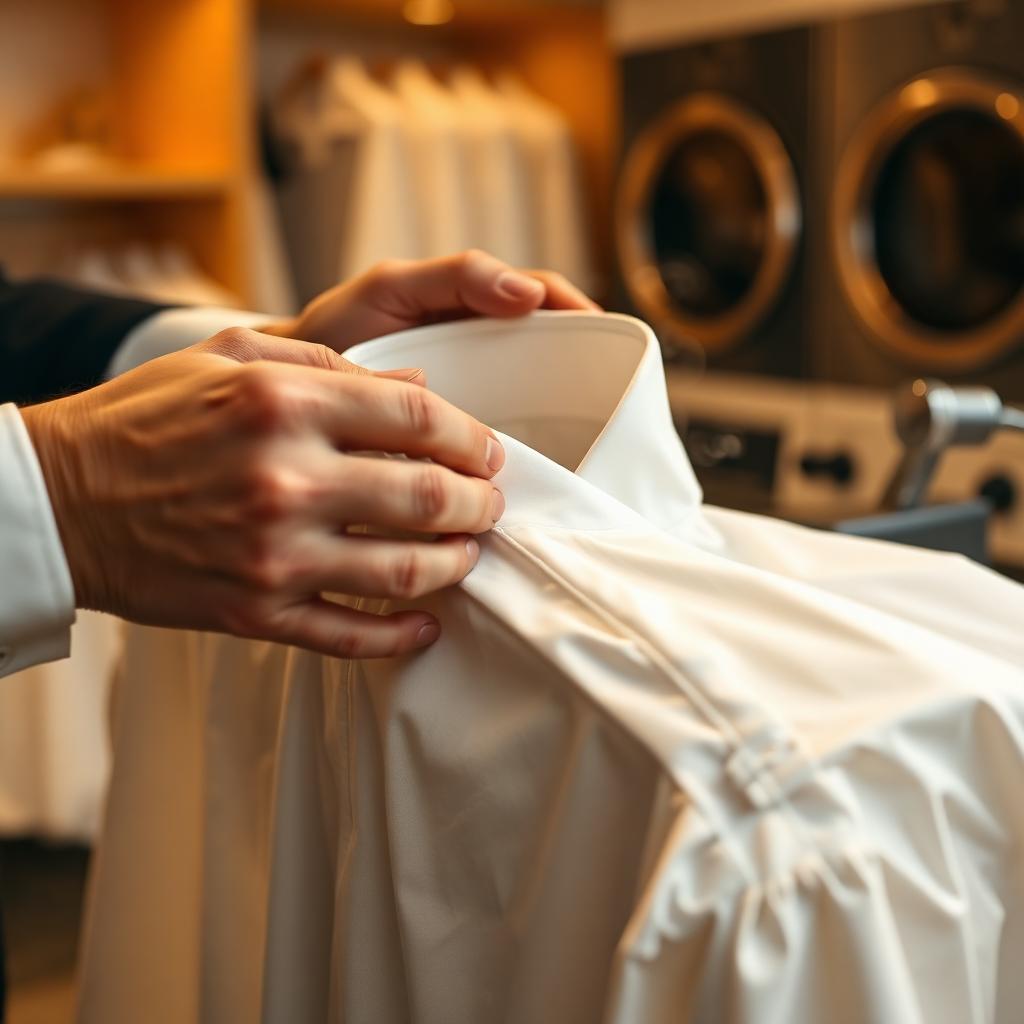 Hands pressing a white cotton dress shirt collar on a professional steam press in a boutique laundry shop