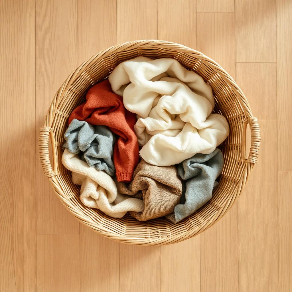Overhead view of a woven hamper filled with mixed family laundry on a light oak floor