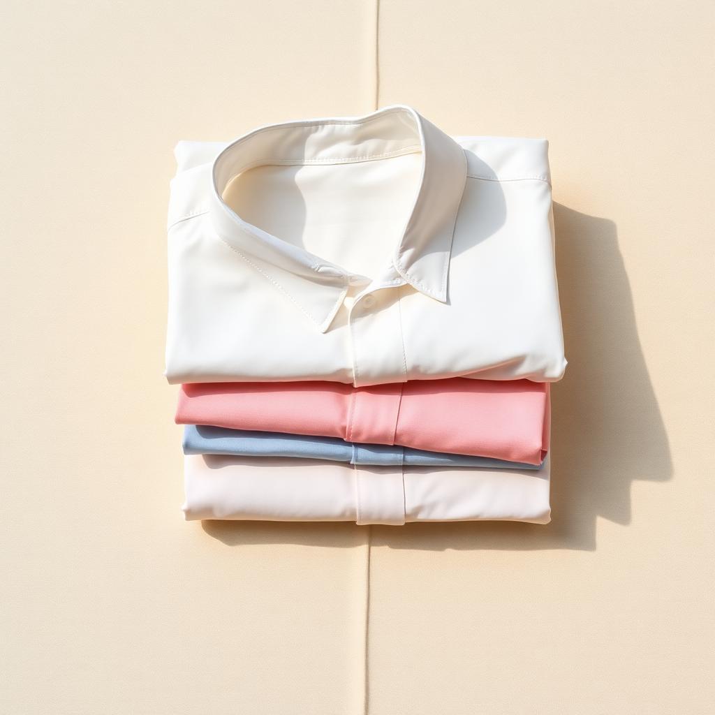 Neat stack of folded pastel dress shirts on a cream linen surface
