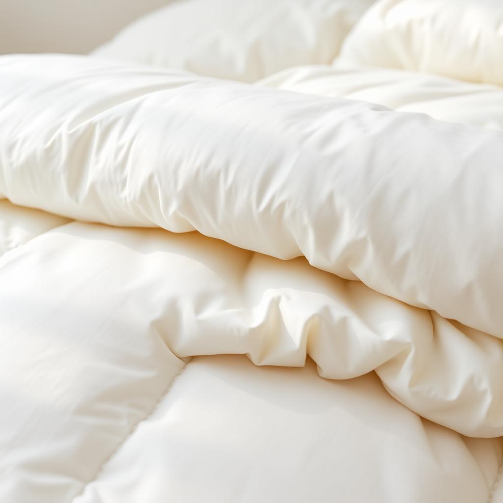 Close-up of fluffy white down comforter fabric texture