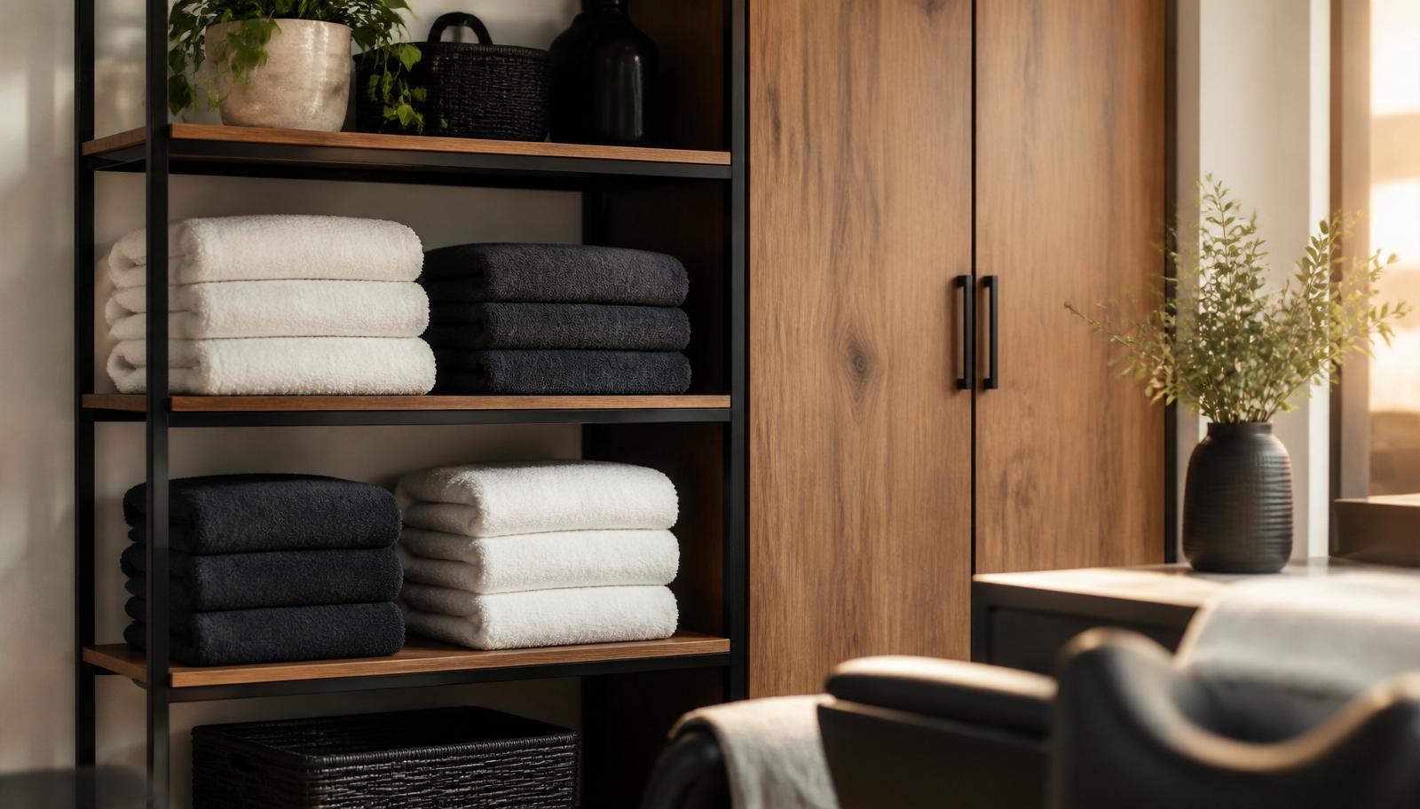 Folded salon towels stacked beside a closed linen cabinet.