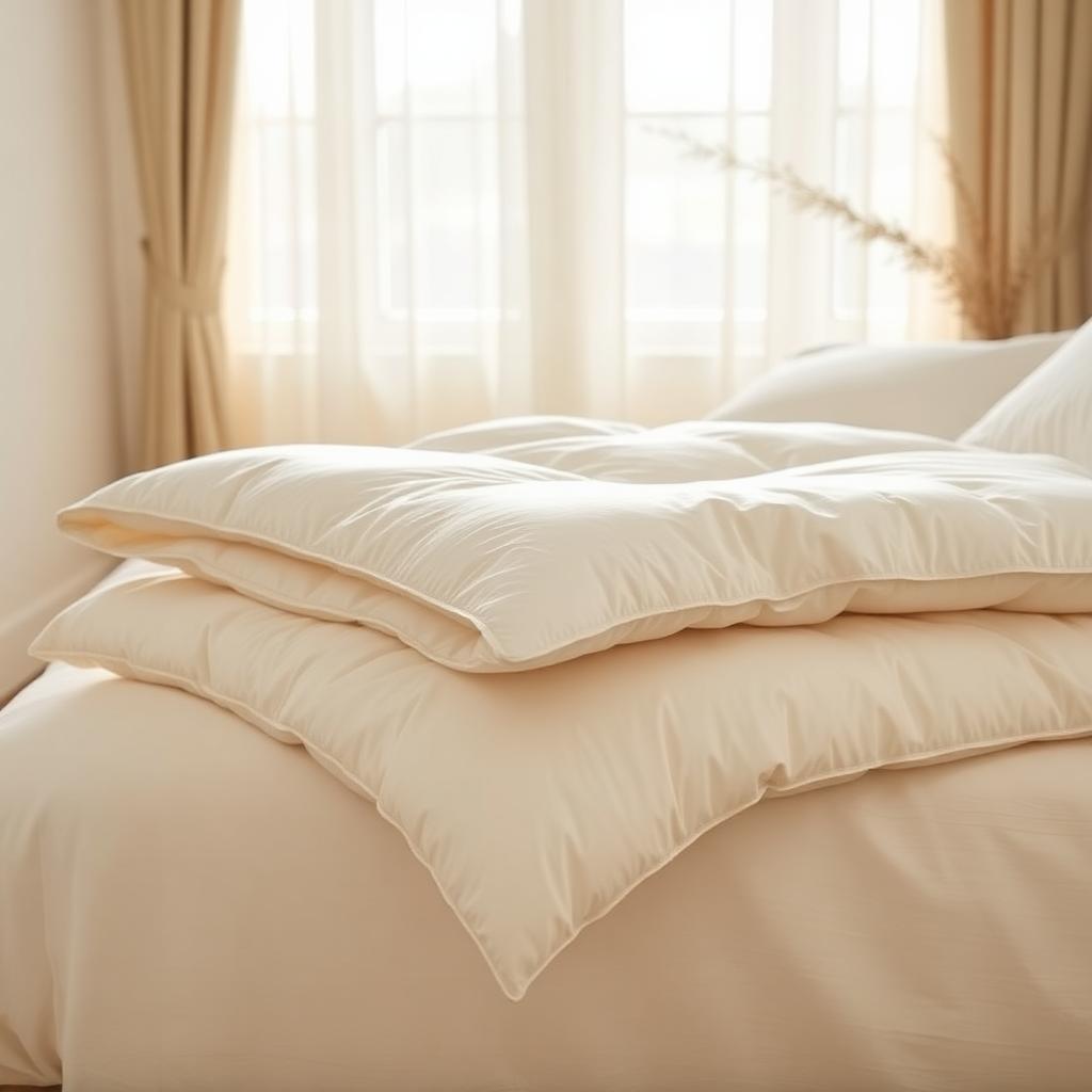 Plush white folded comforter on a neatly made bed with cream sheets in a sunlit Hialeah bedroom