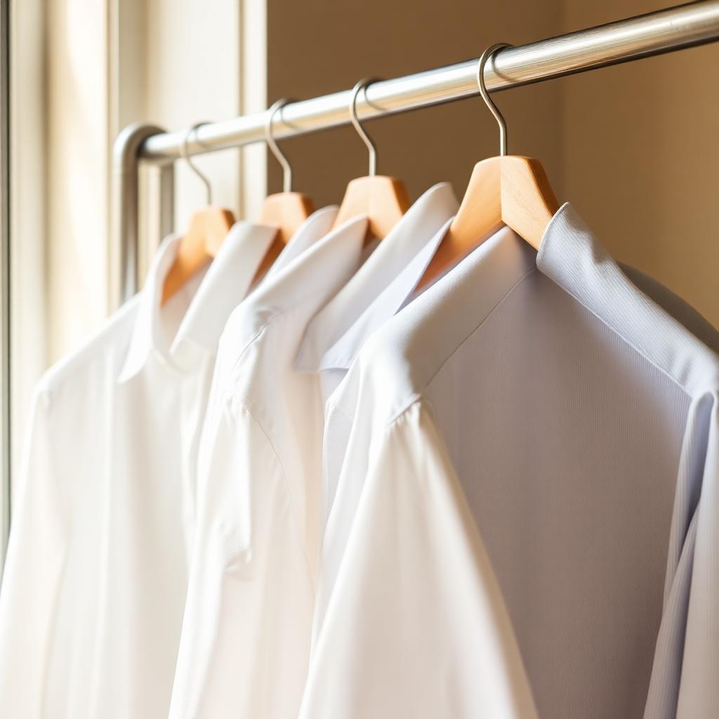 Freshly dry-cleaned white and pale blue dress shirts on wooden hangers at a boutique Hialeah dry cleaner