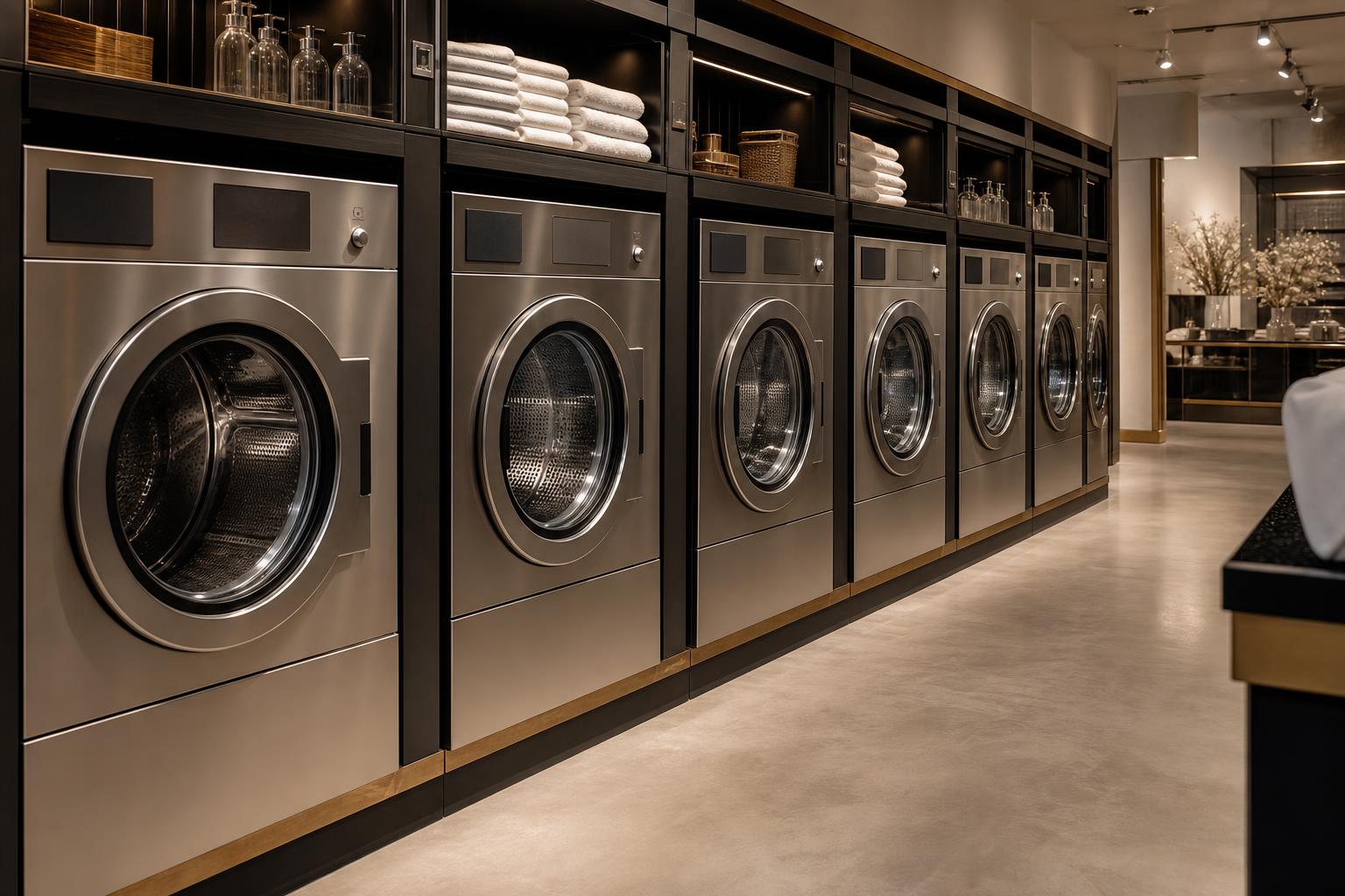Row of stainless industrial washers at The Launderette Lounge in Hialeah, used for restoration textile recovery