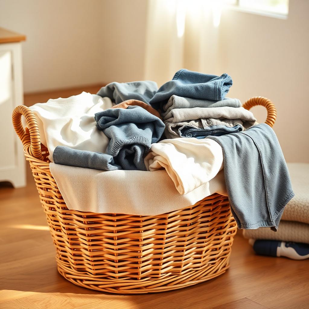 Wicker laundry basket overflowing with neatly folded family clothes on a sunlit wooden floor