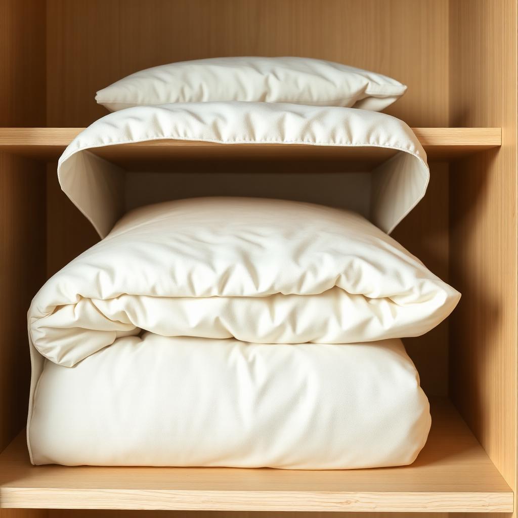 White comforter folded inside a breathable cotton storage bag on a warm wooden closet shelf