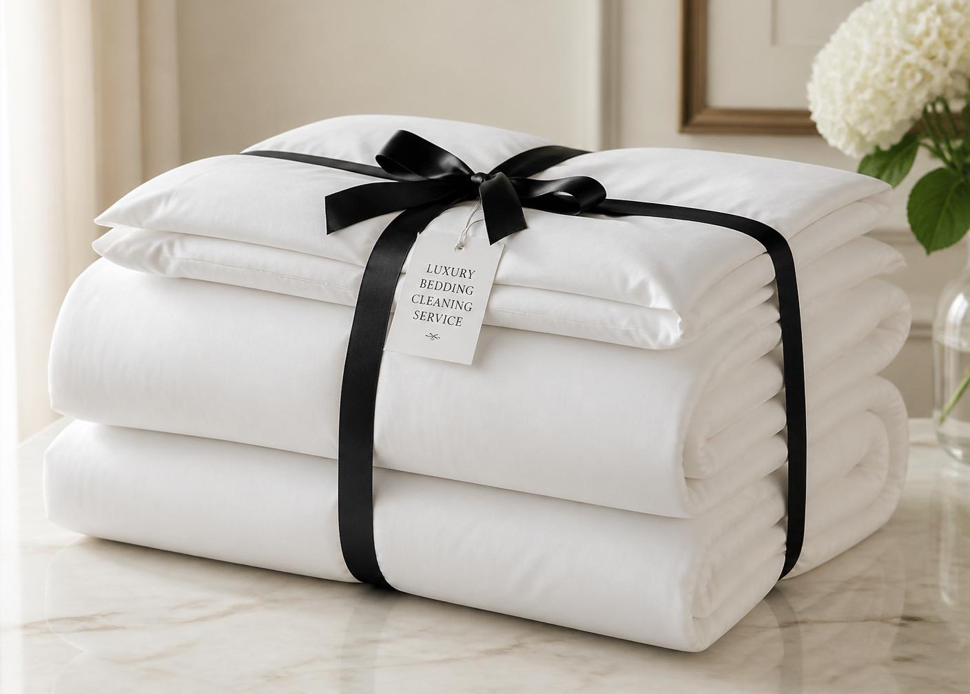Folded white bedding tied with black ribbon