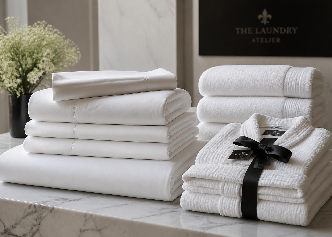 Folded stack of white hotel-style linens and plush towels