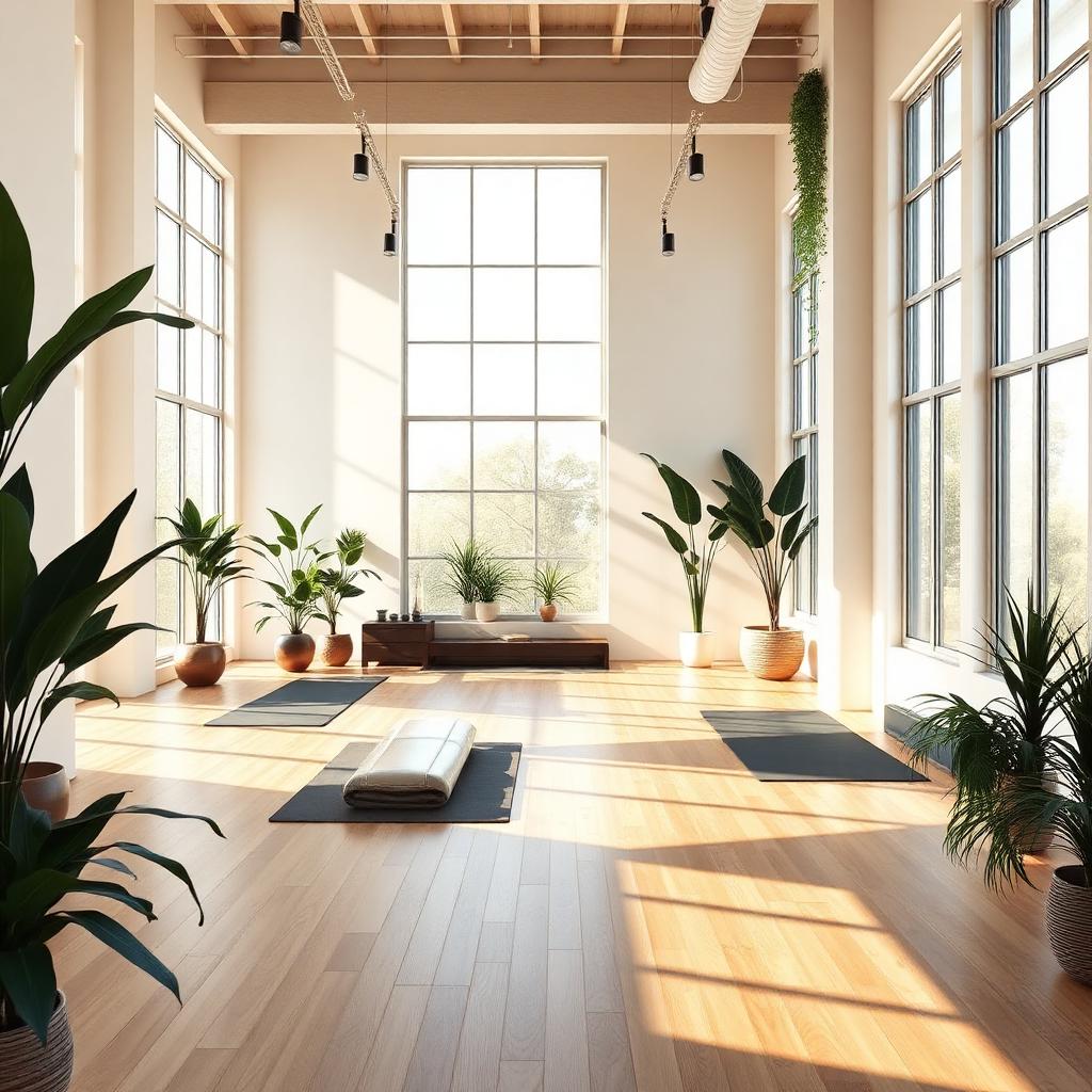 Bright modern fitness studio interior with mats and windows — Hialeah