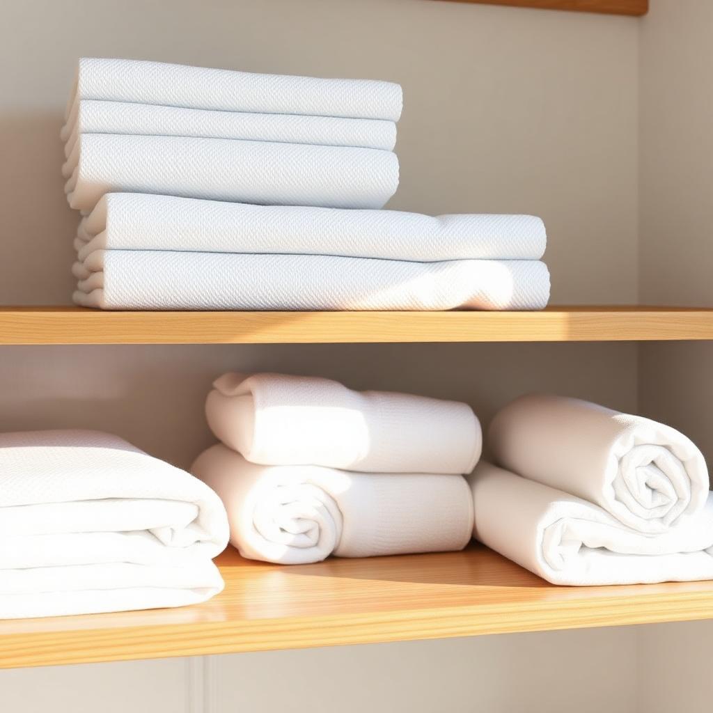 Folded and rolled white gym towels on a wooden shelf — Hialeah