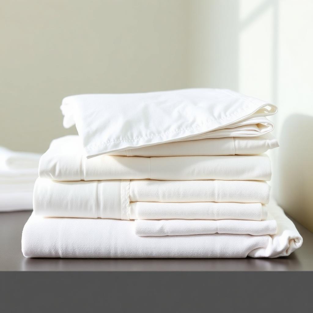 Stack of folded white hotel sheets, pillowcases, and bath towels — Hialeah