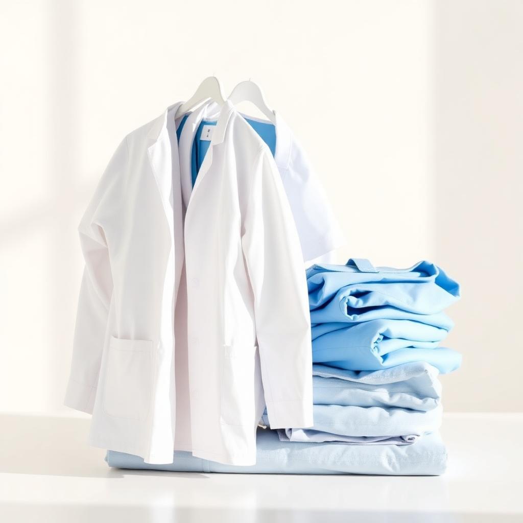 White lab coat and folded blue medical scrubs and patient gowns — Hialeah