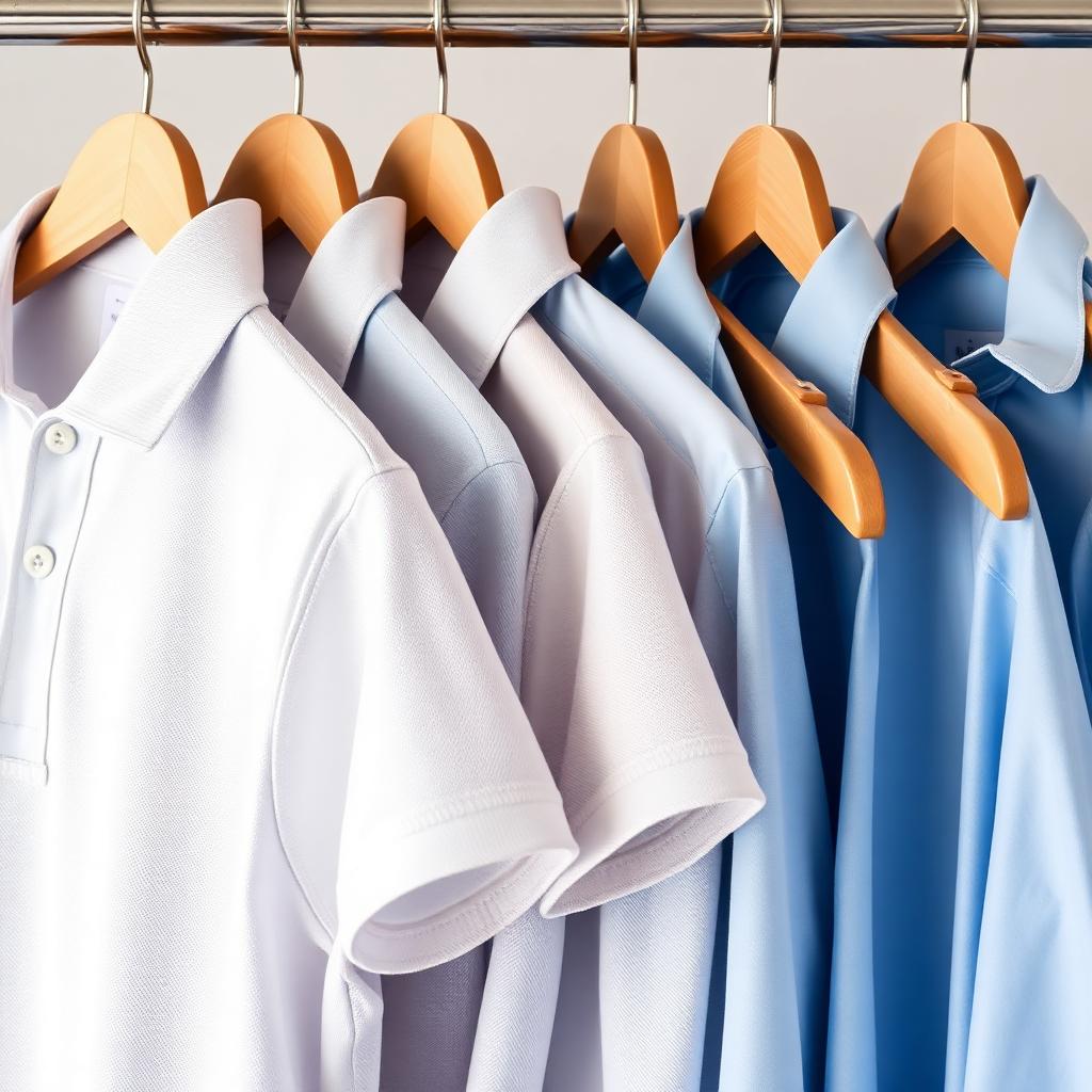 Row of freshly pressed staff polos and button-down shirts on hangers — Hialeah