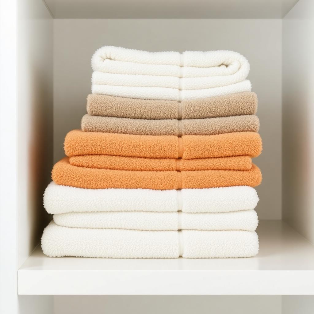 Folded pet-grooming towels and groomer aprons stacked on a shelf — Hialeah
