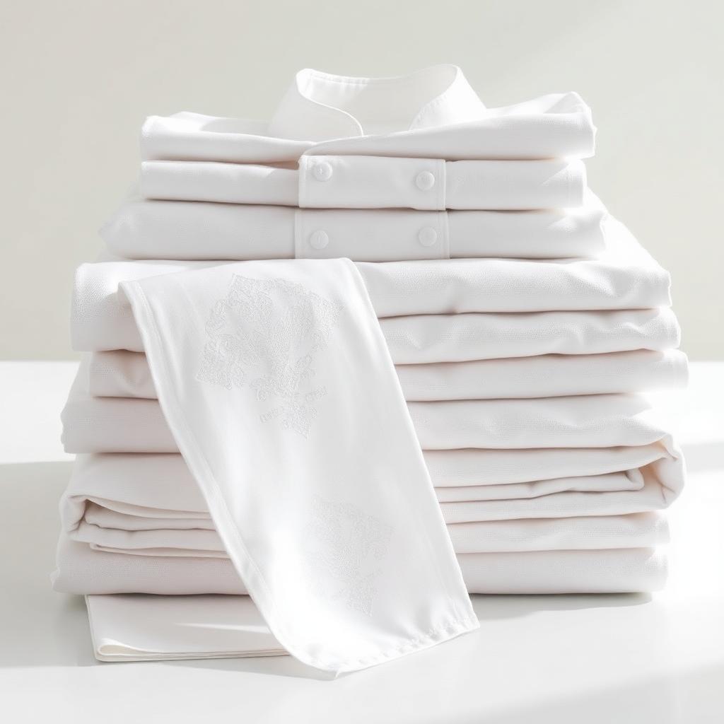 Folded chef coats, aprons, and white restaurant napkins, laundered — Hialeah