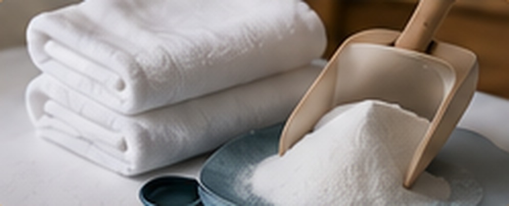 Folded white towels beside a wooden scoop of professional-grade detergent
