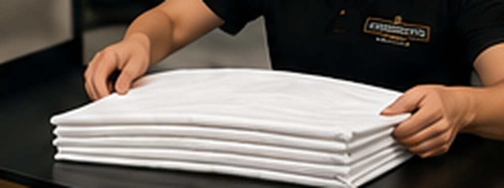Launderette Lounge team member folding a stack of clean white towels for packaging