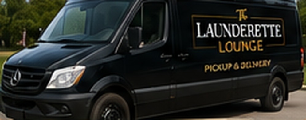 The Launderette Lounge branded black Sprinter pickup and delivery van