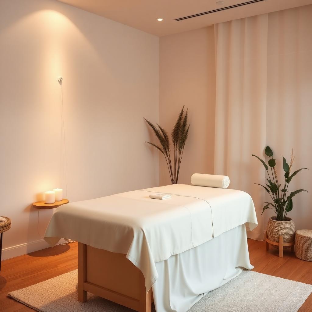 Serene spa treatment room with white-linen massage table — Hialeah