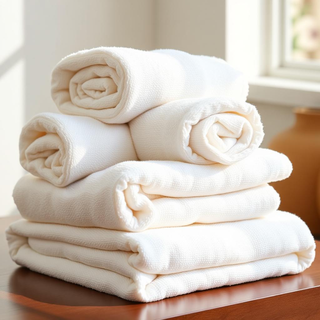 Rolled and folded plush white spa towels and massage sheets — Hialeah