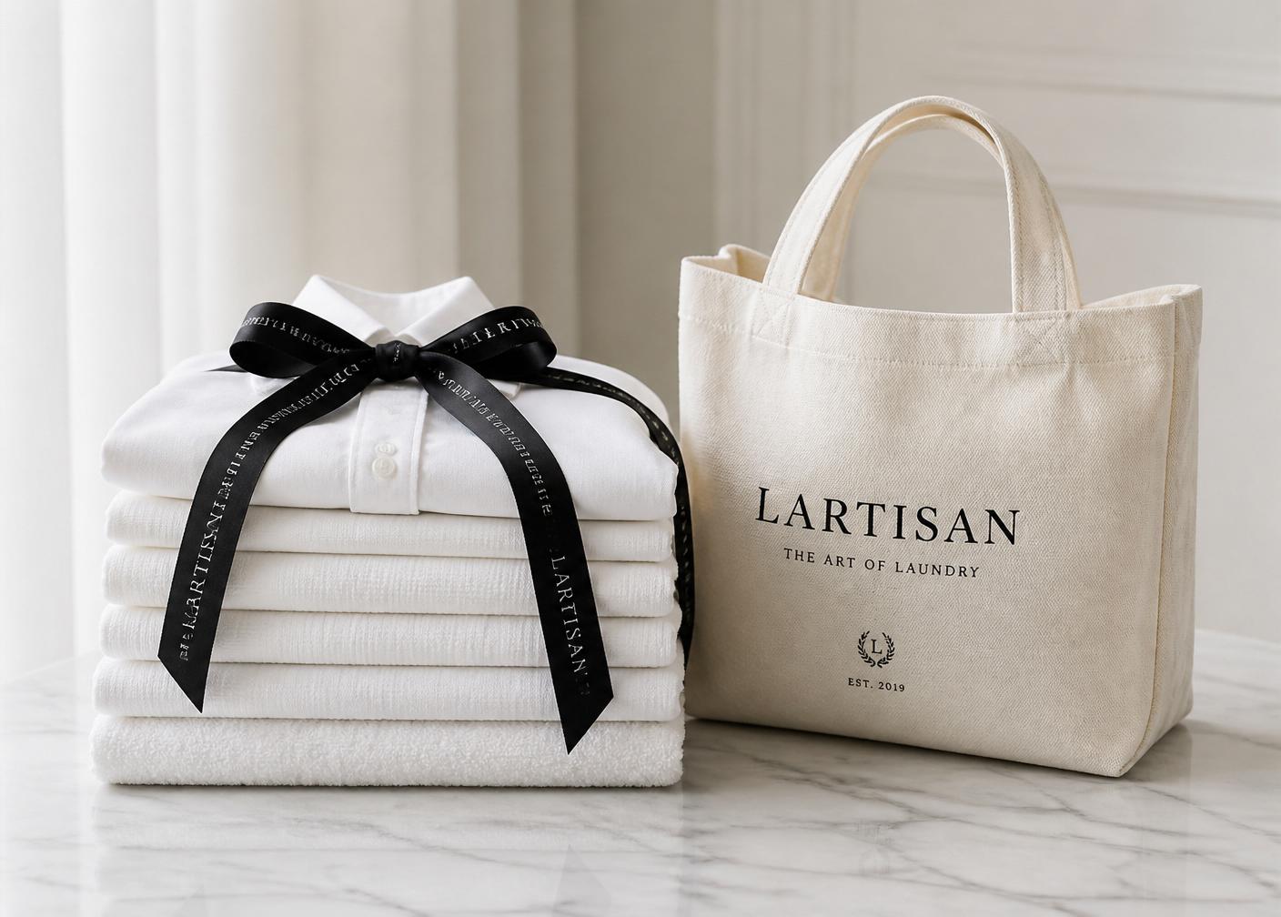 Neatly folded laundry with black ribbon on Taj Mahal counter