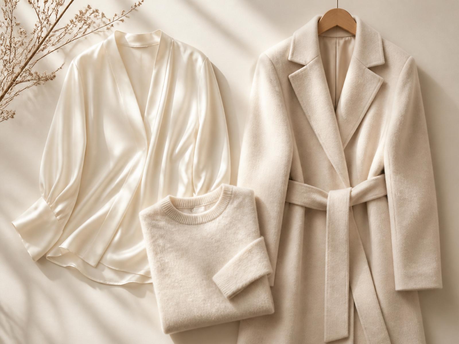 Silk blouse, folded cashmere sweater, and a wool coat in soft natural light